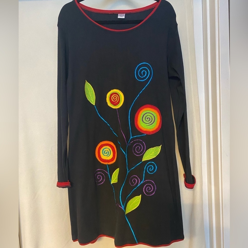 Colorful Floral Embroidered Black Dress